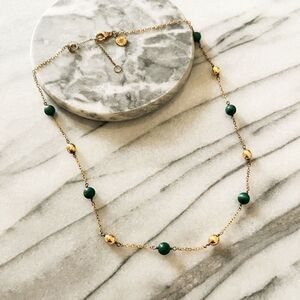 J. Crew Beaded Necklace - Green, Gold Toned Metal, Round Beads, Single Strand‎